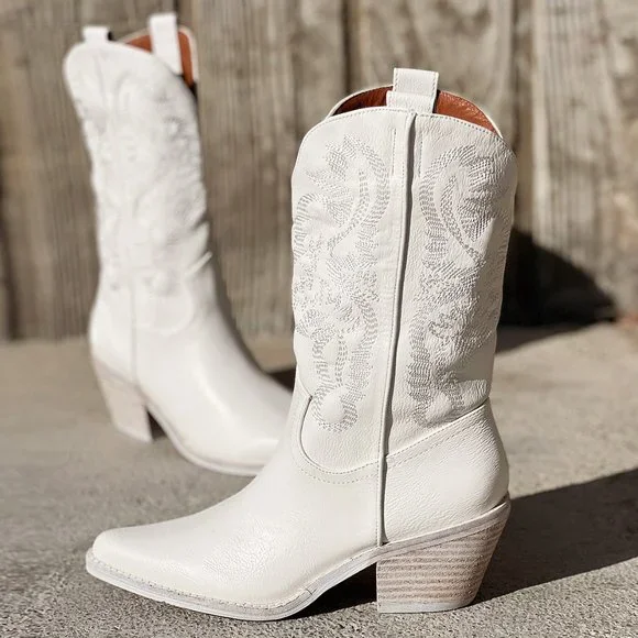 NEW White Cowboy Western Embroidered Stitch Pointy Toe Block Heel Mid Calf Boots - Picture 2 of 13